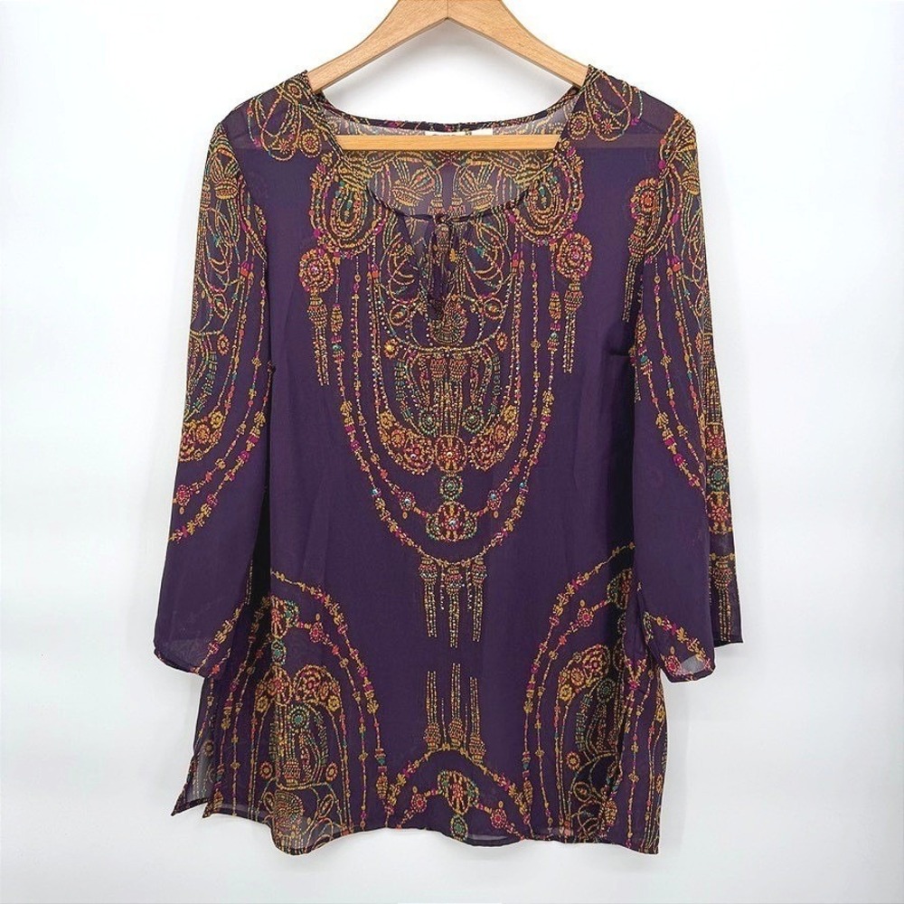 Cato Blouse Purple Sheer Boho Beaded Embellished Peasant Top Size Large